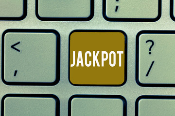 Writing note showing Jackpot. Business photo showcasing Large cash prize in game Lottery Big award...
