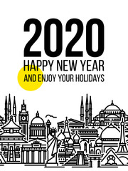 Modern style numbers 2020 with cityscape of worlds most popular tourist attractions and happy New Year greetings isolated on white background. Modern vector illustration