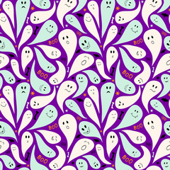 Seamless vector pattern with cute ghosts on a violet background.