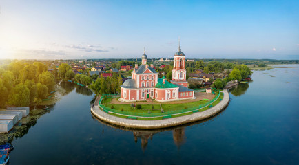 Red church on side of Pleshcheevo lake in Pereslavl-Zalessky