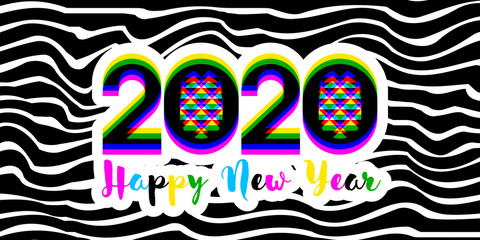 Modern multicolored numbers 2020 with stereoscopic effect and Happy New Year greetings on black white striped background. Stylish vector illustration for greeting card