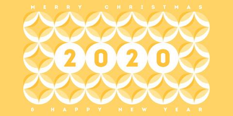 Abstract banner template design with elegant numbers 2020 on pastel colored geometric pattern with circles and stars in a yellow and white. Modern vector illustration for calendar, banner or web page