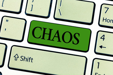 Writing note showing Chaos. Business photo showcasing complete disorder and confusion not following...