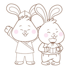 Rabbits in mid autumn festival cartoons in black and white