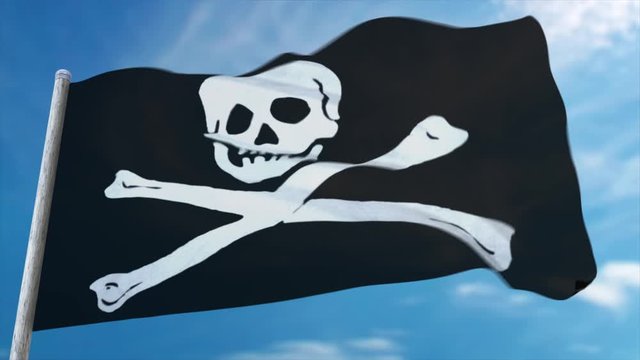 Fully loopable CGI 3D animation of Pirate Jolly Roger Flag fluttering in close-up