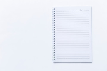 Blank white journal lined notebook isolate on white background, stationary object, empty white notebook design