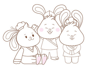 Rabbits celebrating mid autumn festival cartoons in black and white