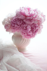 Double Peony Cut Flowers in vase with lace