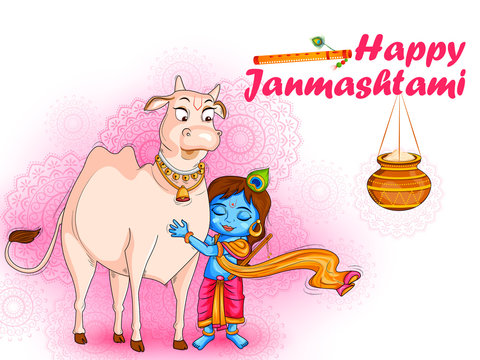 Kanha with Cow on Krishna Janmashtami festival background of India in  vector Stock Vector | Adobe Stock