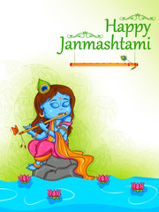Little Kanha playing bansuri (flute) on Krishna Janmashtami festival background of India in vector