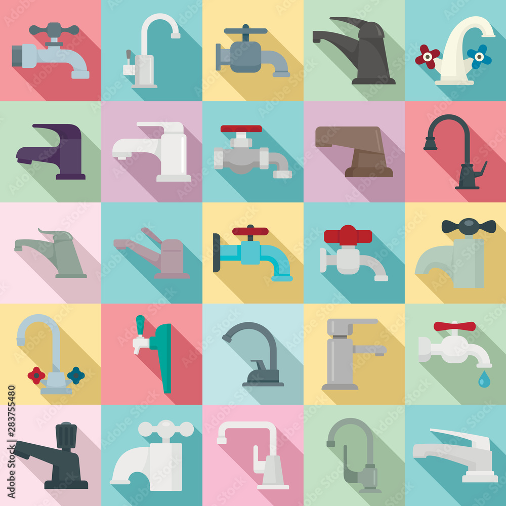 Poster faucet icons set. flat set of faucet vector icons for web design