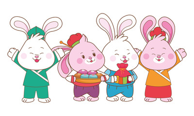 Fototapeta premium Rabbits celebrating mid autumn festival cartoons