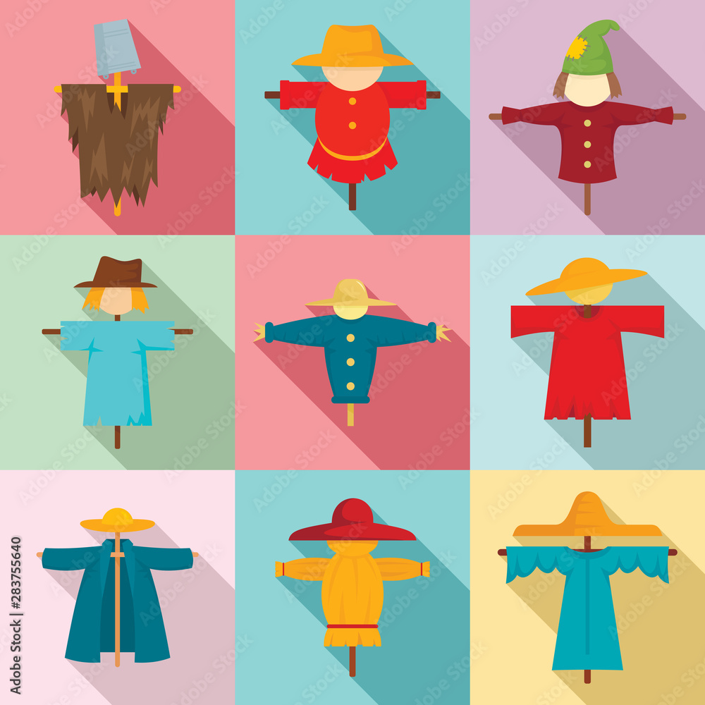 Poster scarecrow icons set. flat set of scarecrow vector icons for web design
