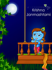 Little Kanha on Krishna Janmashtami festival background of India in vector