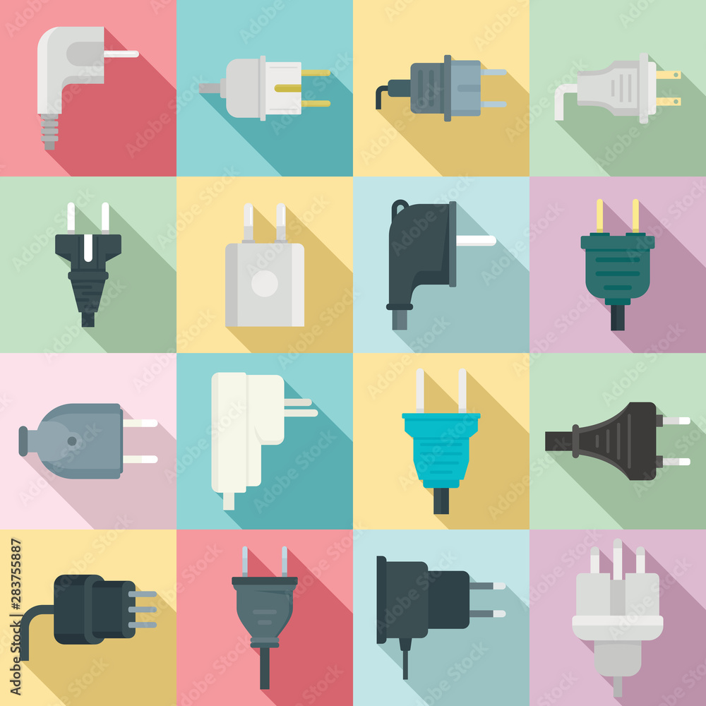 Poster plug icons set. flat set of plug vector icons for web design