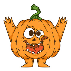 Halloween smiling pumpkin with hands, legs and witch hat.