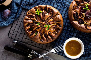 close-up view of delicious sweet fruit pie with plumes   