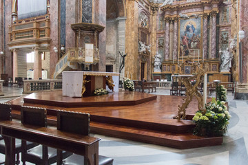 Fototapeta na wymiar Altar, interior view Sant'Ambrogio e Carlo al Corso Church, Rome, Italy.