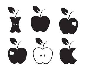 Apple icon set, eaten and bitten apple icons, black isolated on white background, vector illustration.