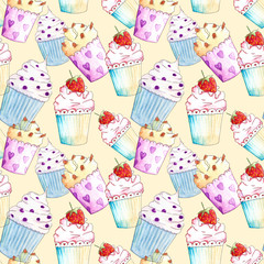 Watercolor seamless pattern. Pink Cupcakes, Muffins. Yellow background
