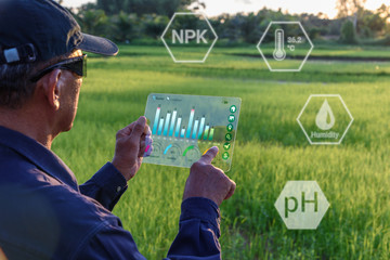 Smart farming with IoT, futuristic agriculture concept : Farmer wears VR or AR glasses while...