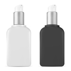 Pump Bottle. Cosmetic Package Mockup. Dispenser Blank. Soap, Serum, Foam 3d packaging Illustration. Black And White Medicine Container Set for Antiseptic Gel, Face or Hand Cream, Shampoo