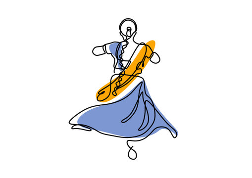 Continuous Line Drawing Of Dancing Girl Vector Illustration. Indian Woman Doing Traditional Dance