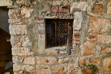 Wooden windows in a stone building
