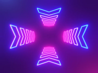 Neon glowing arrow, pointer abstract blue and pink background. 3d rendering