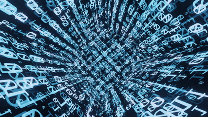 3D Rendering of abstract binary data on rectangle geometry structure. Perspective view. Concept of big data, machine learning, artificial intelligence, technology background, software coding