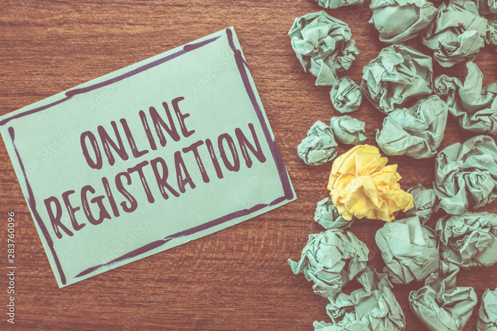 Aufkleber handwriting text writing online registration. concept meaning process to subscribe to join an event 