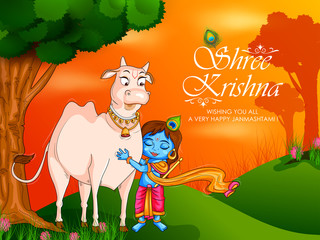 Fototapeta premium Kanha with Cow on Krishna Janmashtami festival background of India in vector