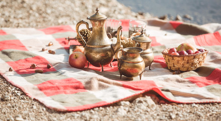 Coffee break with cookies and apples