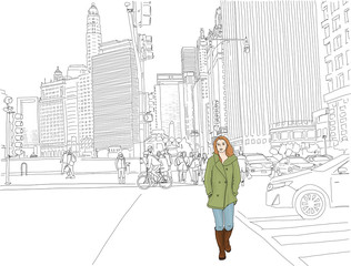 Hand drawn illustration. A stylish woman crosses the street downtown in a city.