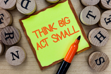 Word writing text Think Big Act Small. Business concept for Great Ambitious Goals Take Little Steps...