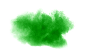Green dust particles explosion on white background. Color powder dust splash.