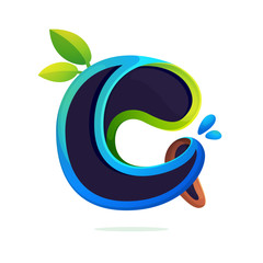 Fototapeta premium C letter logo ecology stylized with green leaves and dew drops.