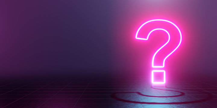Neon glowing question mark abstract blue and pink background. 3d rendering