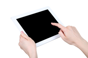 Tablet computer in female hands isolated on white background