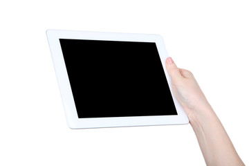 Tablet computer in female hand isolated on white background