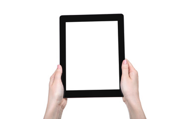 Tablet computer in female hands isolated on white background