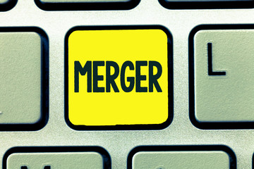 Conceptual hand writing showing Merger. Business photo text combination of two things especially companies flats into one.
