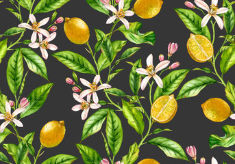 Lemon branch seamless pattern watercolor fruit tree with flowers realistic botanical floral surface design: whole half citrus leaves on cream beige background hand drawn for textile wallpaper