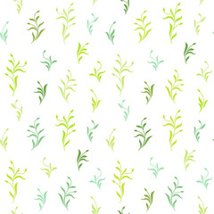 Seamless pattern. Green plants with leaves and buds isolated on white background. Texture for print, wallpaper, home decor, textile, package design