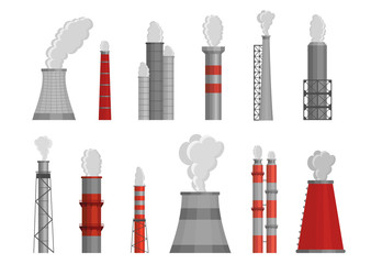 Factory chimneys flat vector isolated illustrations set