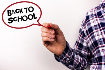 Text sign showing Back To School. Conceptual photo Return to class first day of studies Classroom Arriving Text white background man hand red marker shirt work school plan meeting