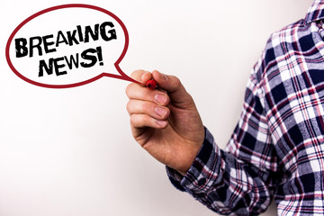 Text sign showing Breaking News Motivational Call. Conceptual photo Updated press report Latest...