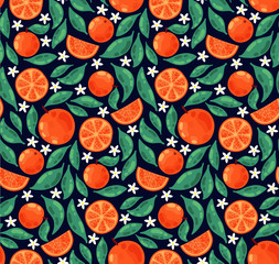 Fototapeta na wymiar Orange fruits flowers seamless pattern