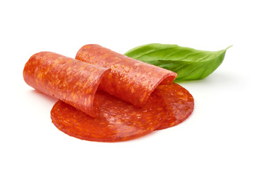 Chorizo sausage slices, Traditional spanish sausage, isolated on white background