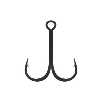 Black double hook isolated on white background. Fishing icon, logo, template. Vector Illustration